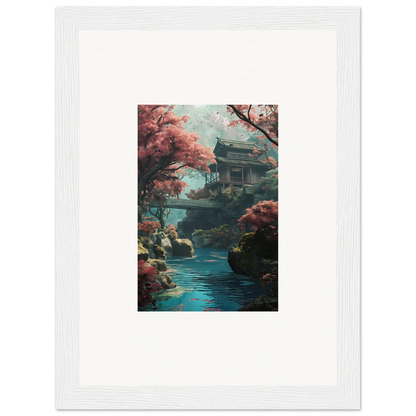 Traditional Japanese pagoda by a serene stream with cherry blossoms in Zen Dream Symphony