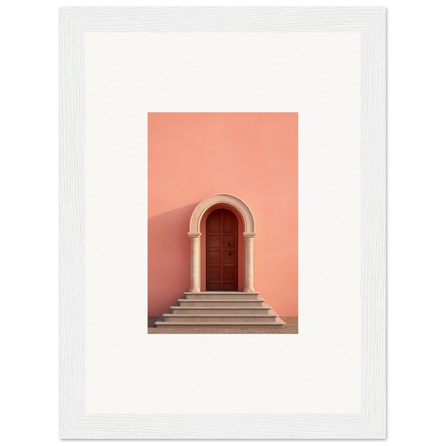 Arched wooden door on stone steps against a coral wall featuring Ethereal Sunset Gateway