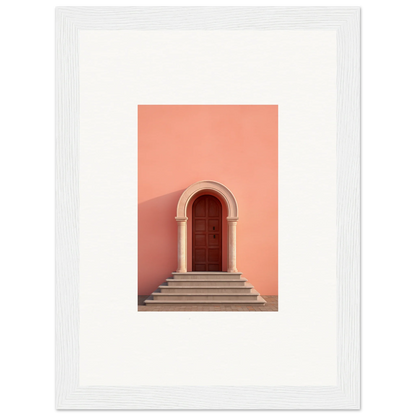 Arched wooden door on stone steps against a coral wall featuring Ethereal Sunset Gateway