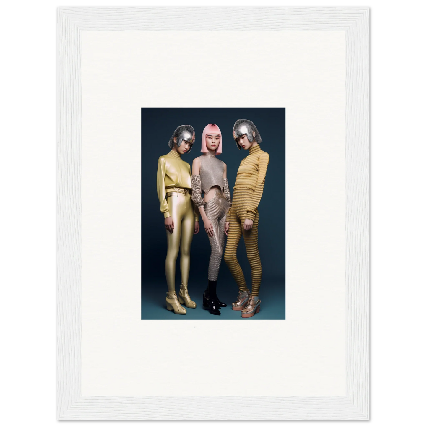 Three figures in metallic bodysuits embodying the Galactic Fashion Paradigm vibes