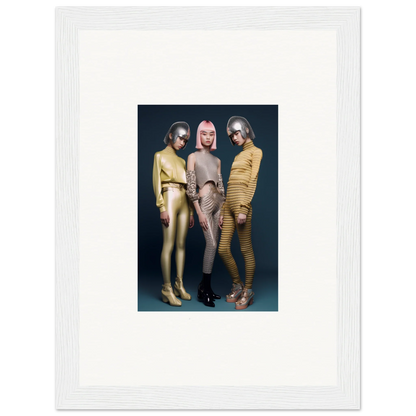 Three figures in metallic bodysuits embodying the Galactic Fashion Paradigm vibes