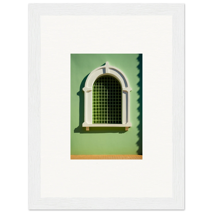 Arched Visible Equilibrium Window featuring decorative white trim and green grating