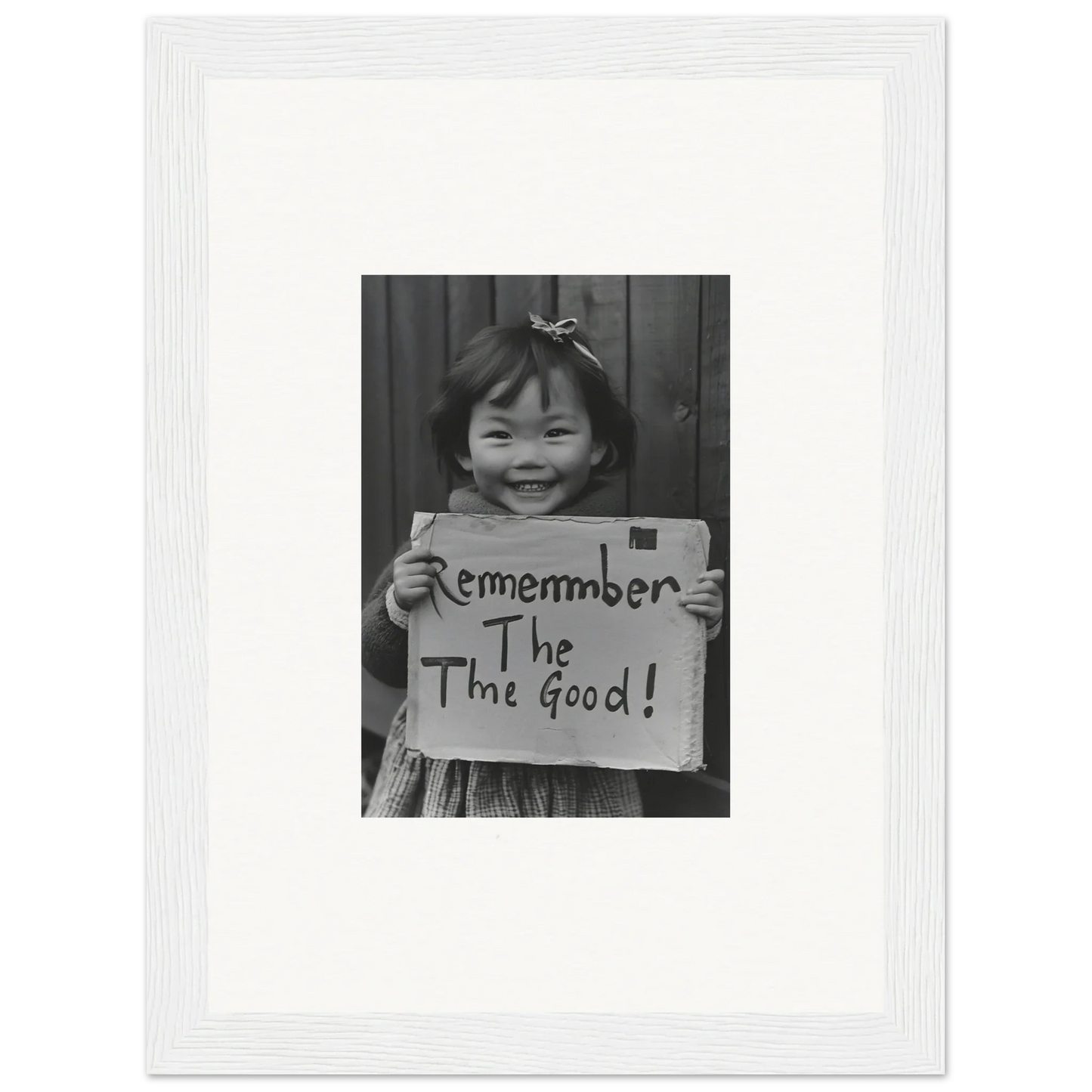 Child holding a sign that says Remember The Good in Timeless Joy Parade framed wall art