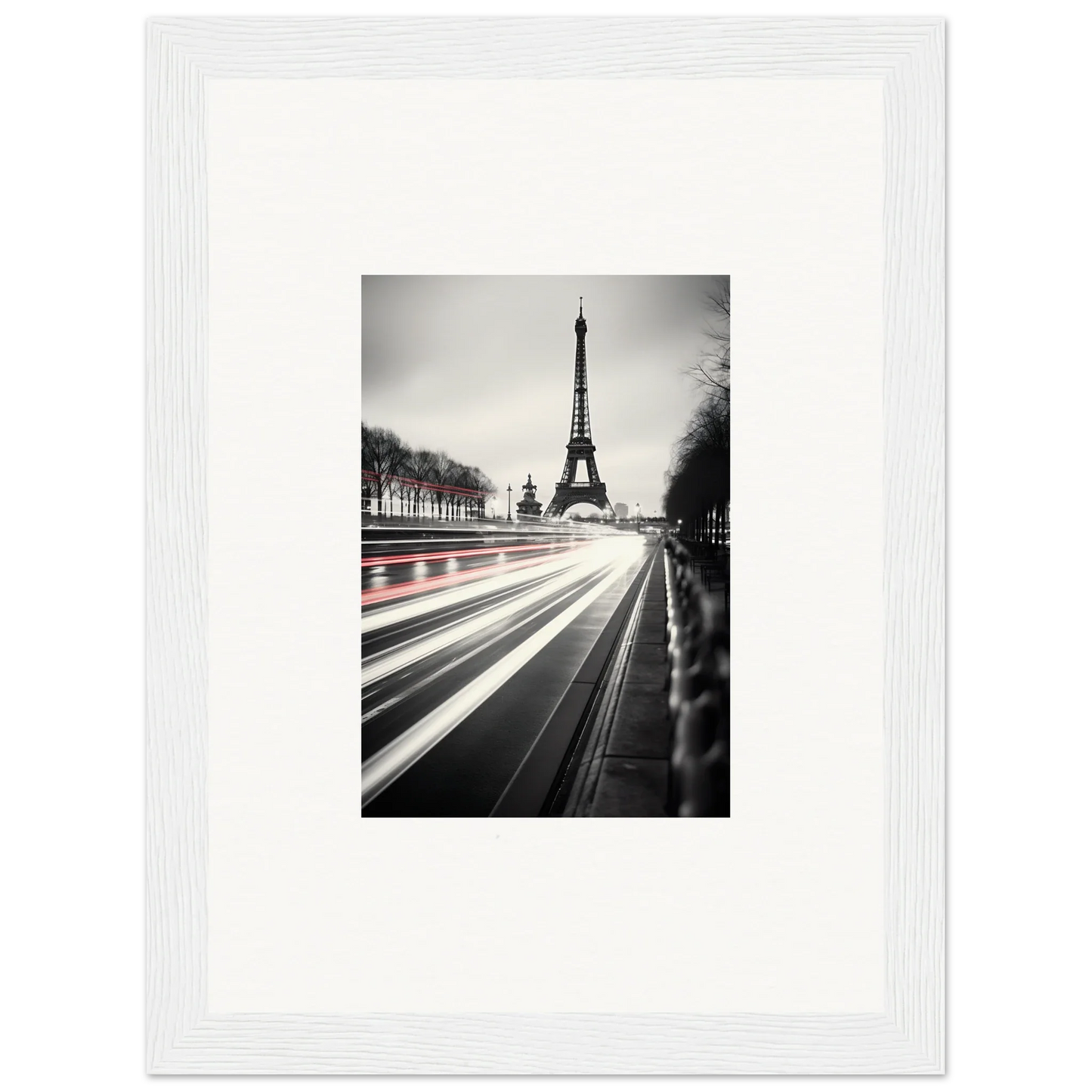 Black and white Eiffel Tower photo with light trails from the Eternal Windsweep Halo