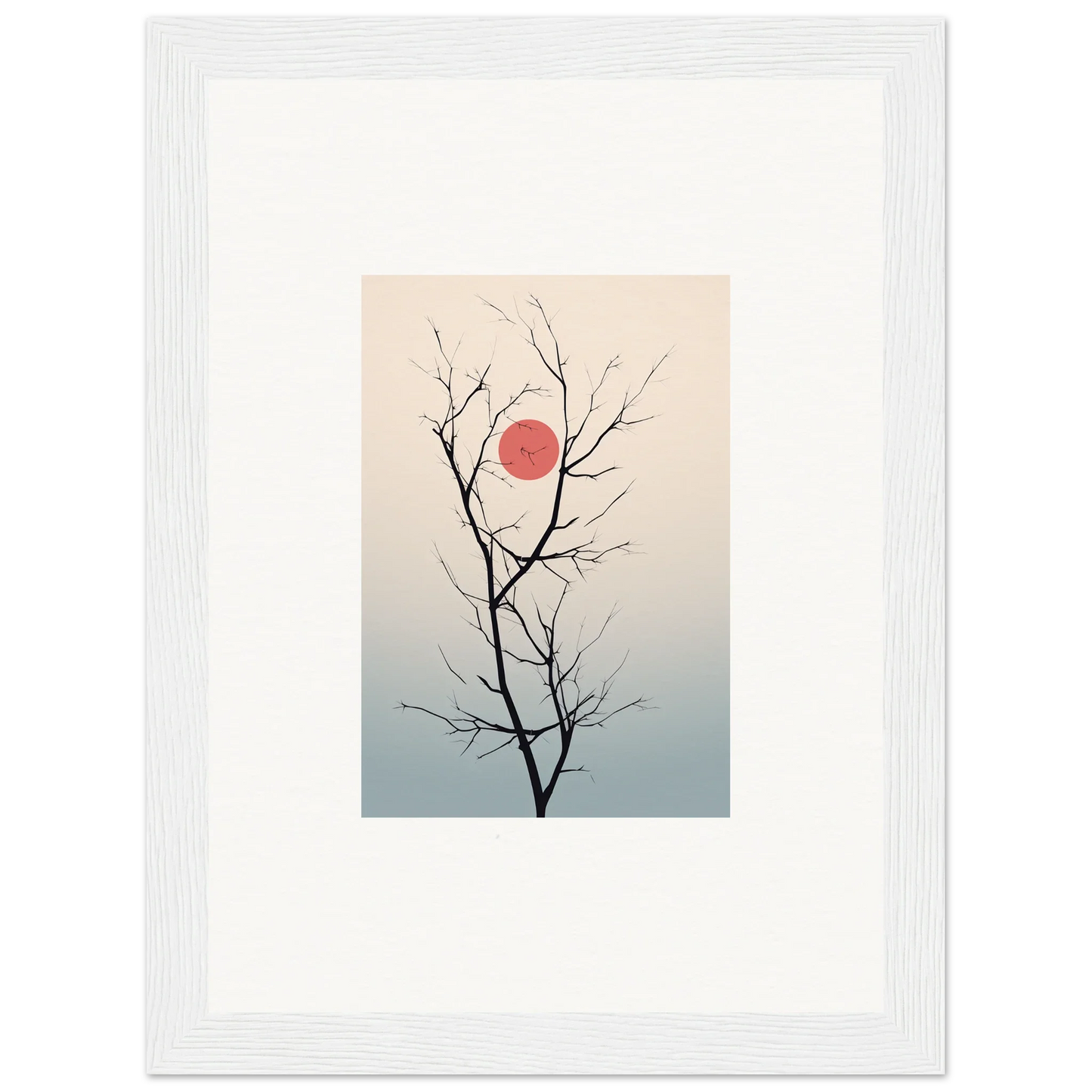 Bare tree branch silhouette against a red sun for serene eclipse wall art decoration