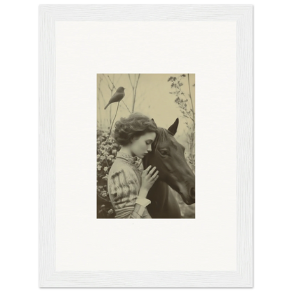 Vintage photograph of a woman hugging a horse, perfect for wall art and room decoration