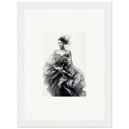 Black and white photo of a strapless gown in Ephemeral Orchard Whispers art piece