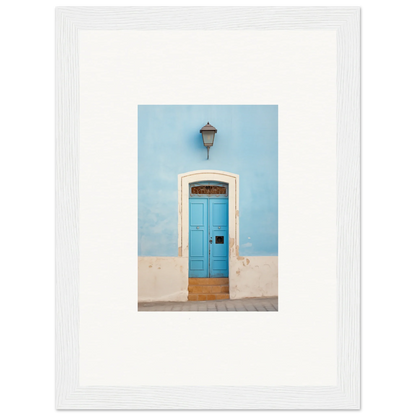 Bright blue wooden door with white stone trim in Surreal Azure Vesaurrezz art piece