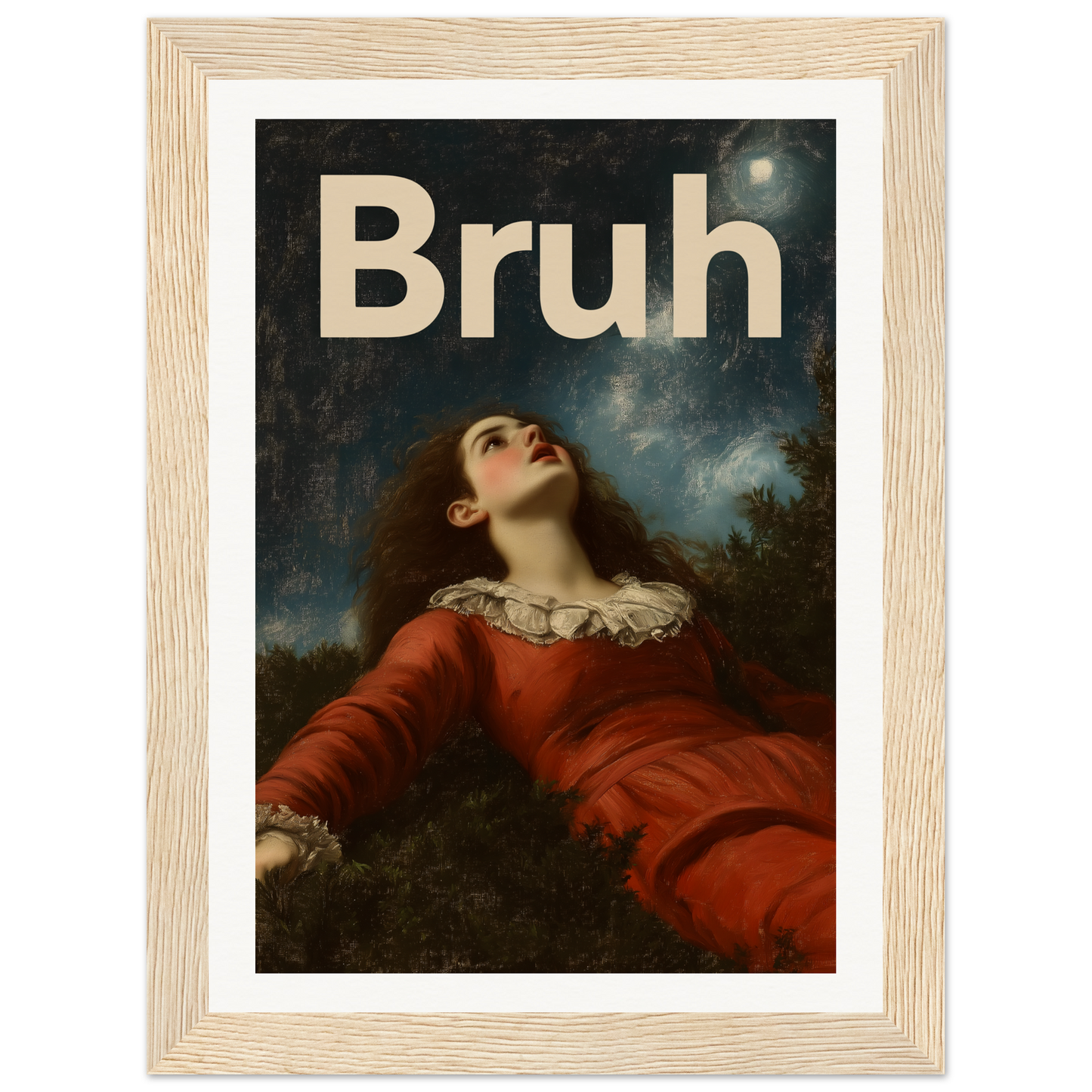 Elegantly framed "Bruh Night Bewilderment" art print showcasing a woman in red gazing at the sky, perfect for stylish home decor.