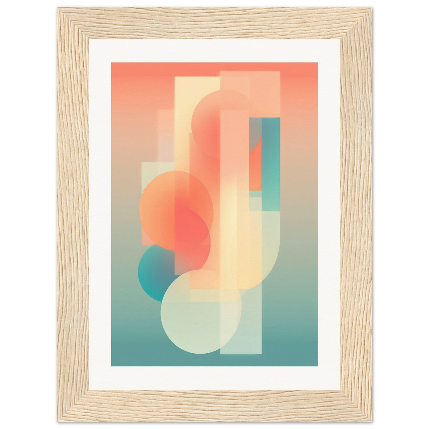 Abstract geometric artwork featuring overlapping shapes in soft pastel colors.