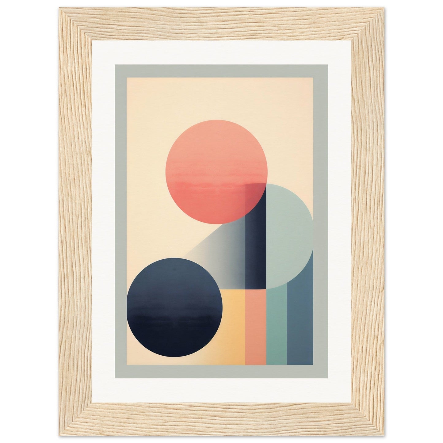 Framed abstract geometric artwork featuring circles and rectangular shapes in muted pastel colors.