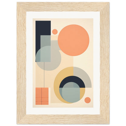 Abstract geometric artwork featuring circles, rectangles, and curved shapes in muted pastel colors framed in light wood.