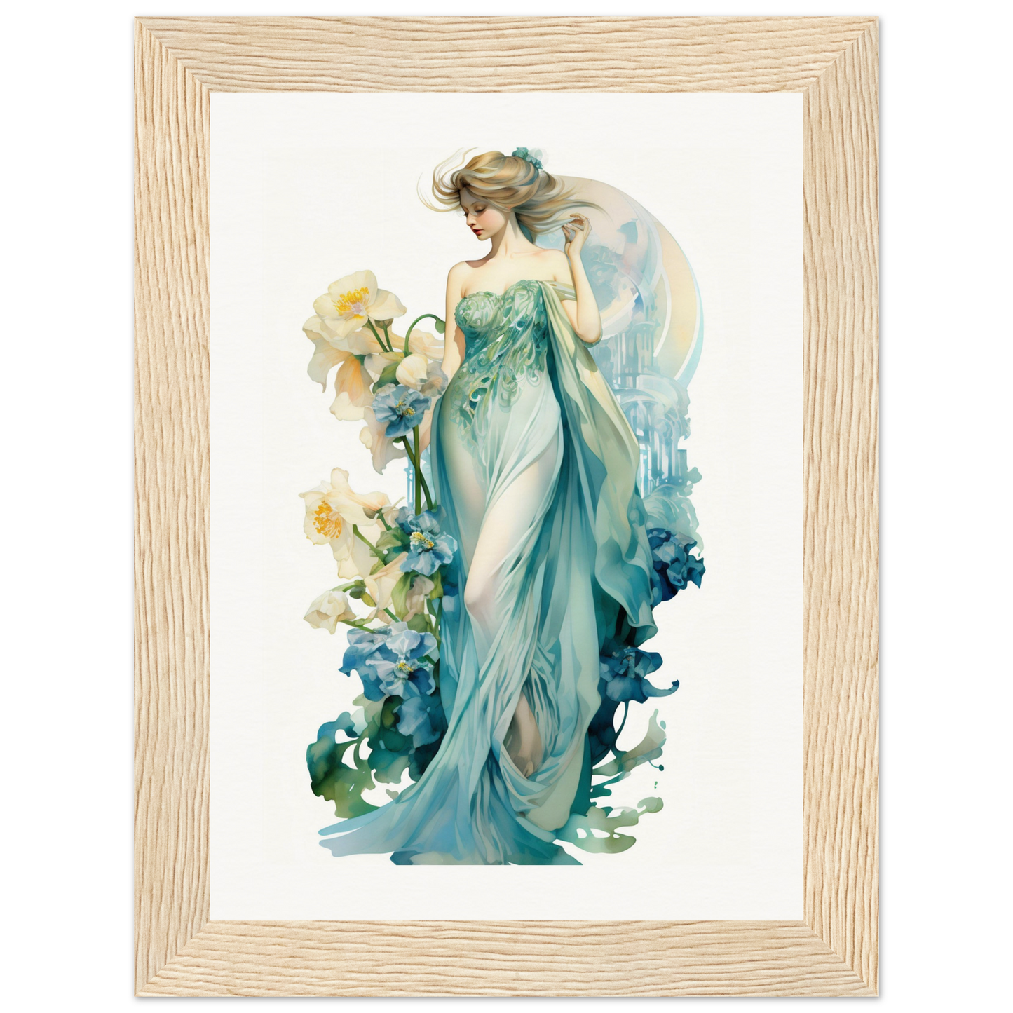 Elegant watercolor painting of a woman in a flowing teal gown surrounded by floral elements.