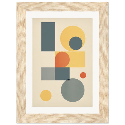 Abstract geometric artwork featuring circles, rectangles, and squares in muted colors.