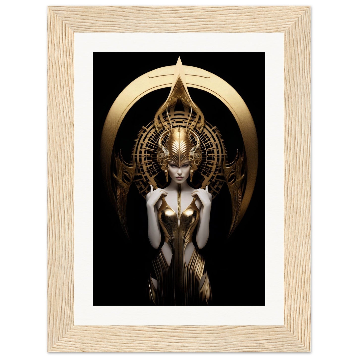 Ornate golden figure with an elaborate headdress in a mystical, goddess-like pose.