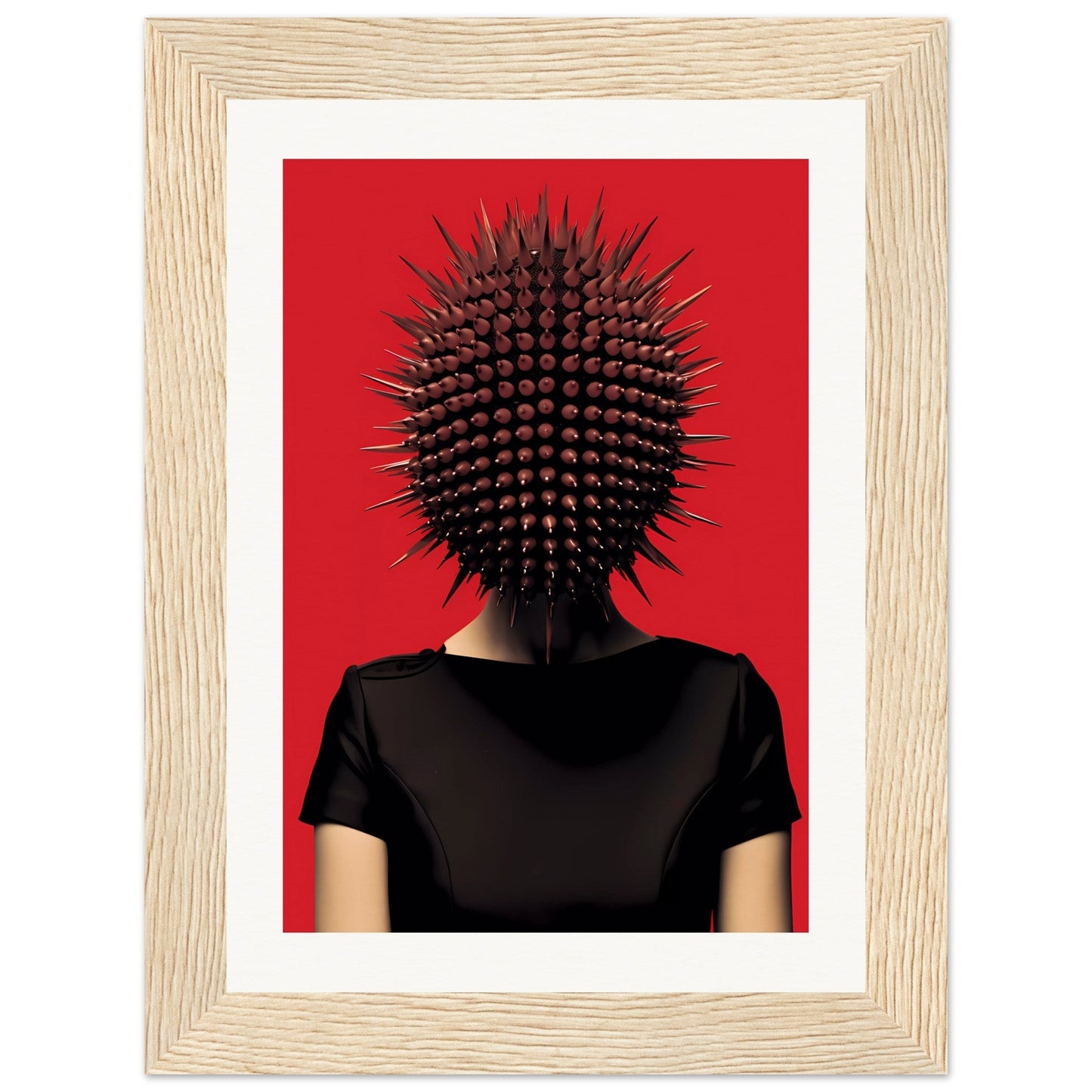 Spiky, spherical object resembling a sea urchin positioned atop a black-clothed torso against a red background.