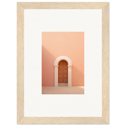 Wooden door in curved archway on a peachy-pink wall for Silent Coral Dreams art