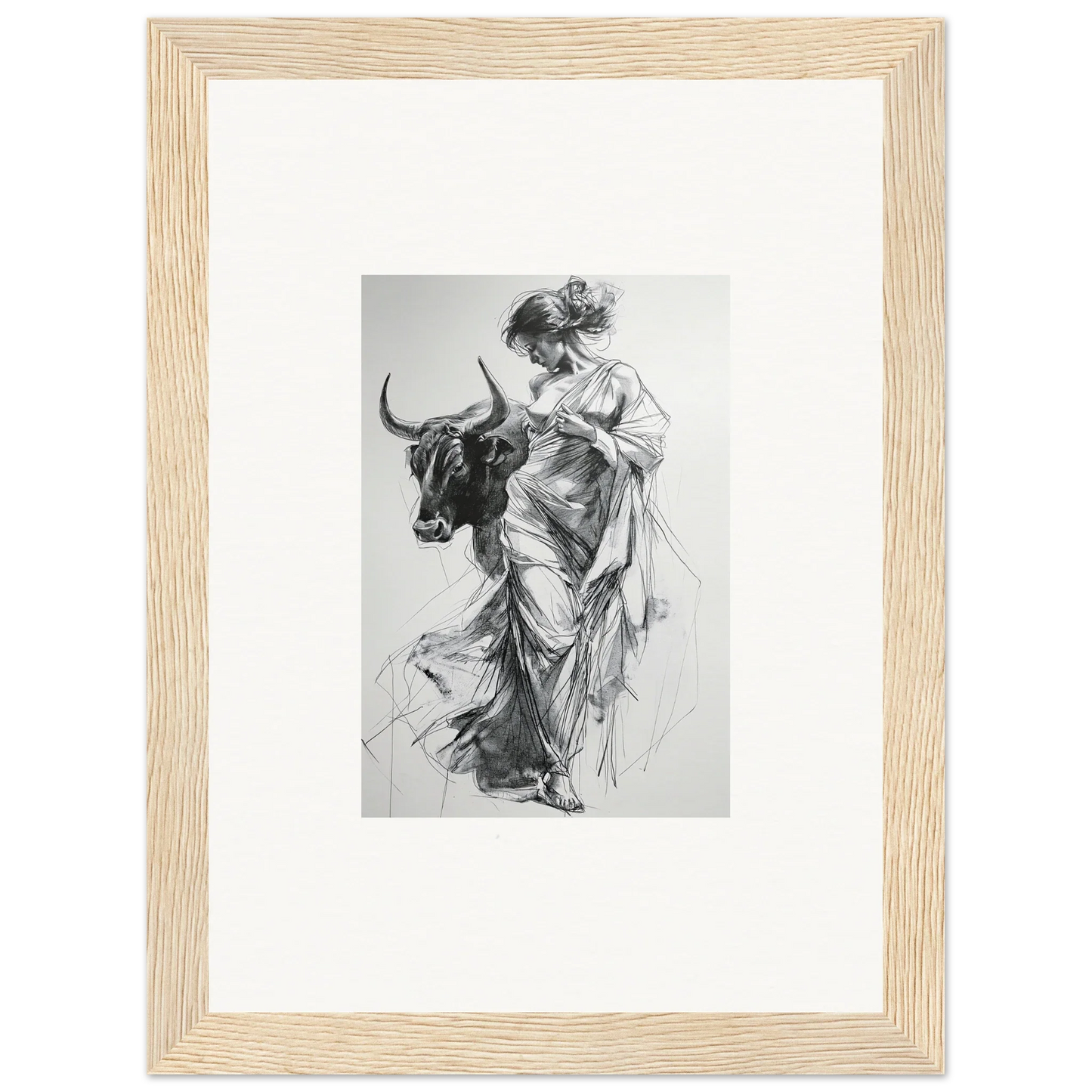 Black and white sketch of woman in flowing robes with bull, perfect for premium framed wall