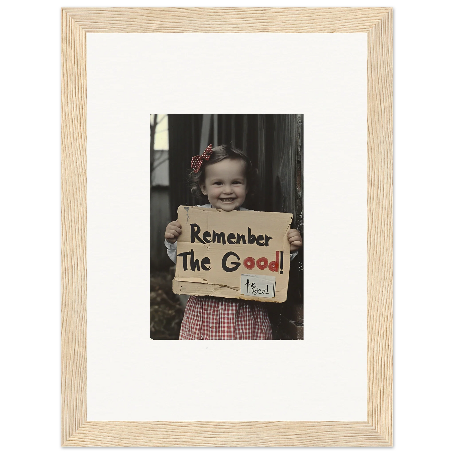 Framed black and white photo with handwritten sign Remember The Good in Smiles Forlornly Singing