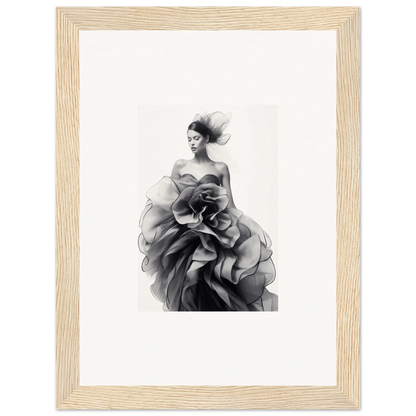 Black and white photo of a figure in a ruffled gown from Ephemeral Orchard Whispers