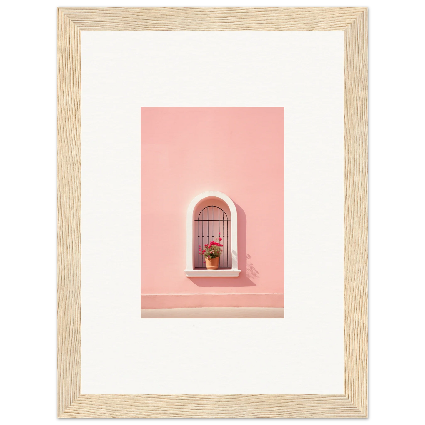 Arched window with decorative bars and a plant on a pink wall in Sunset Silhouette Romance