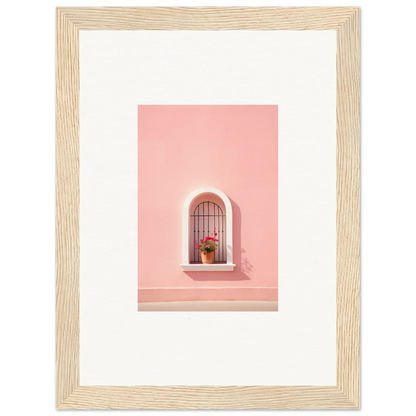 Arched window with decorative bars and a plant on a pink wall in Sunset Silhouette Romance