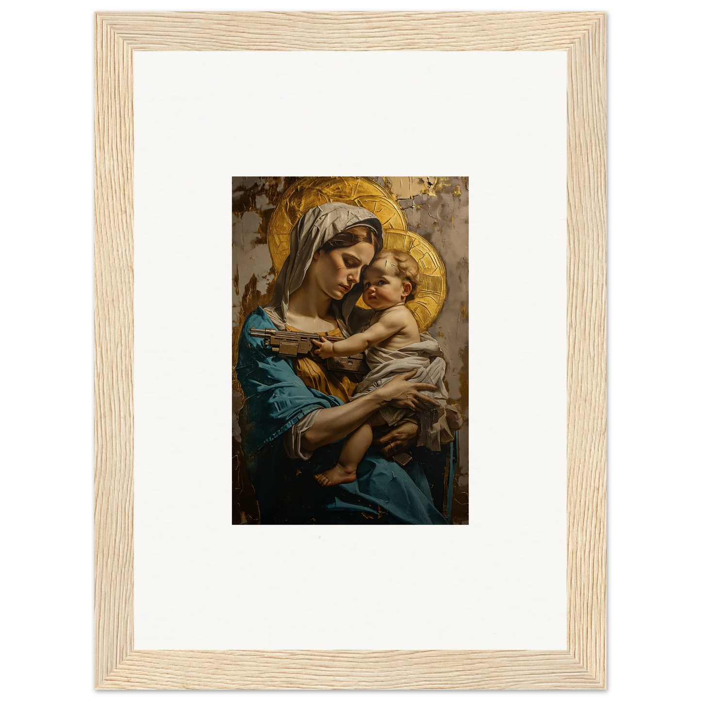 Framed Sacred Embrace wall art of a woman in blue robes with a baby and golden halos