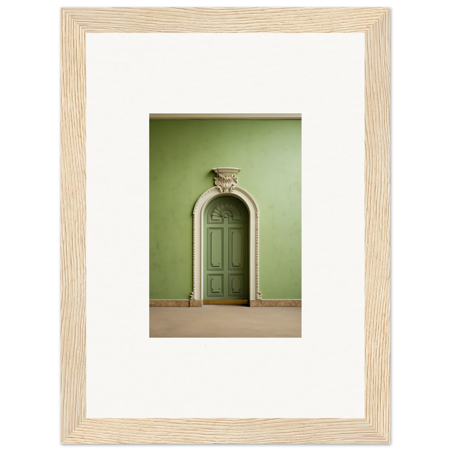 Ornate arched green door with molding, part of Verdant Illusion Sphere framed wall art