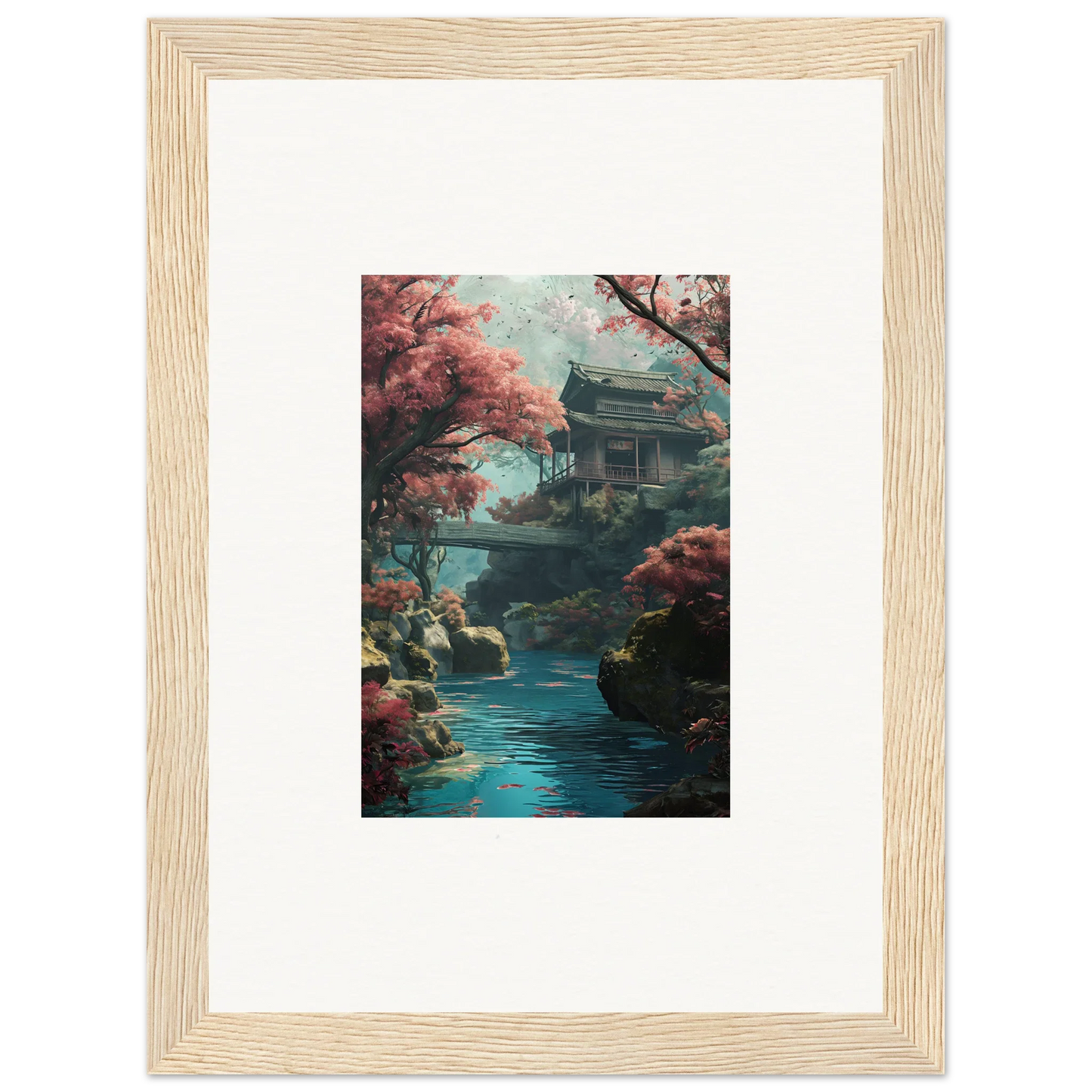 Framed wall art of a Japanese pagoda and cherry blossoms in Zen Dream Symphony