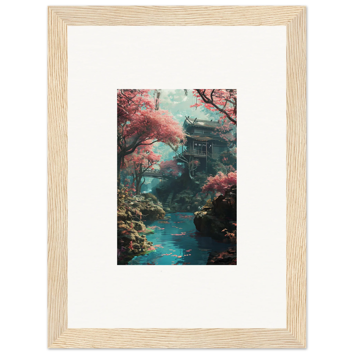 Framed wall art featuring a cherry blossom pagoda by a turquoise stream in Magenta Spirals Oscillate