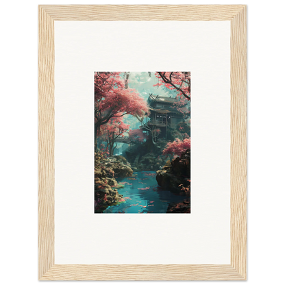 Framed wall art featuring a cherry blossom pagoda by a turquoise stream in Magenta Spirals Oscillate