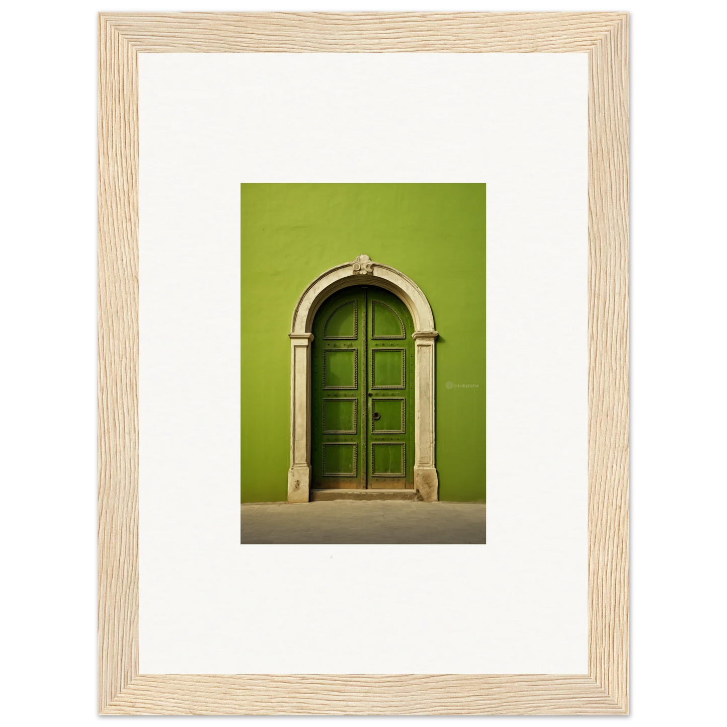 Green arched wooden door with stone trim for Vert Barcode Reverie special edition art™