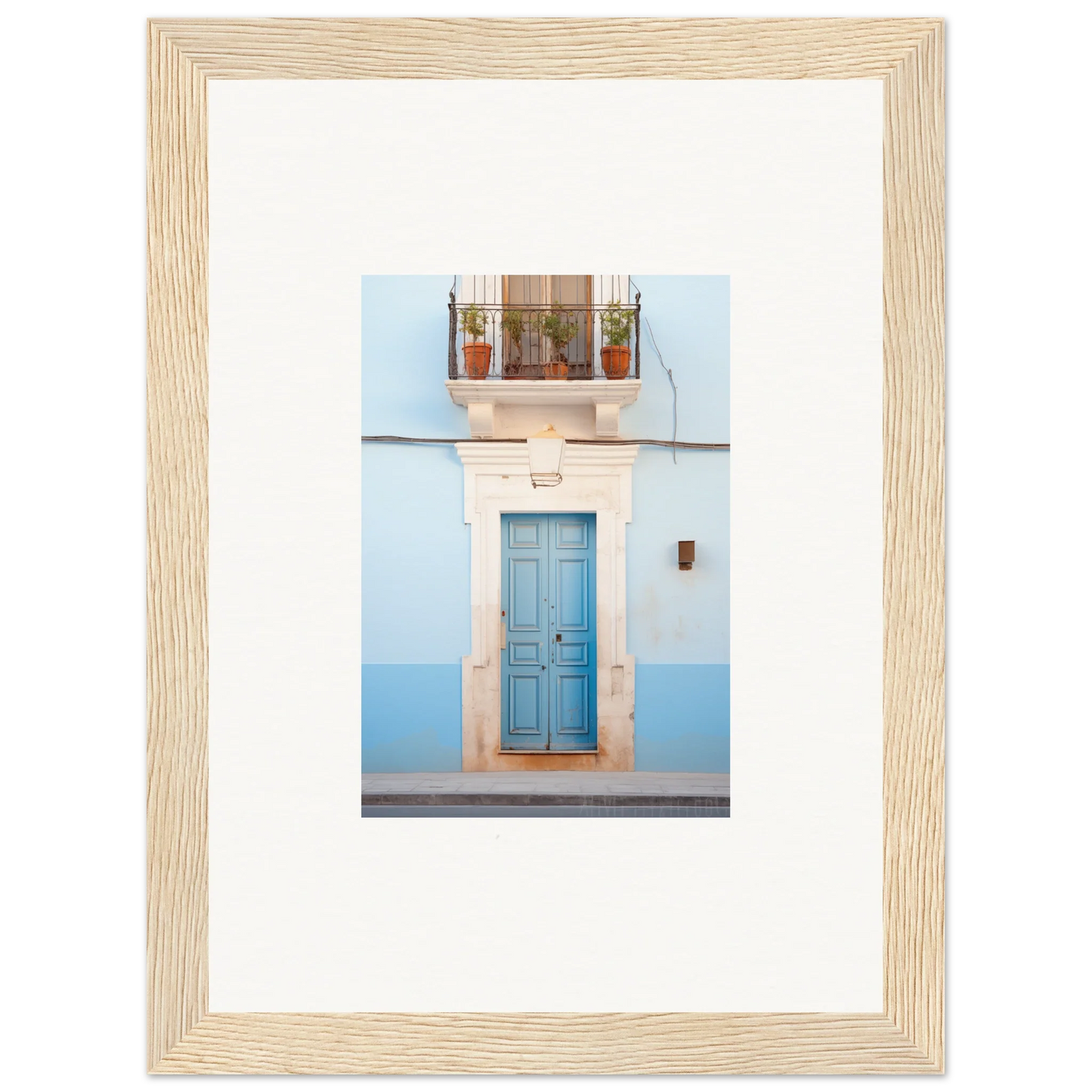 Light blue wooden door with white stone trim in Ethereal Azul Entrance framed wall art