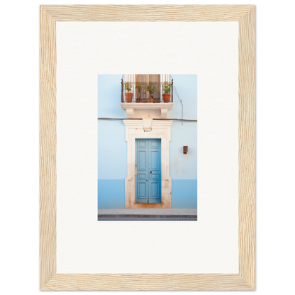 Light blue wooden door with white stone trim in Ethereal Azul Entrance framed wall art