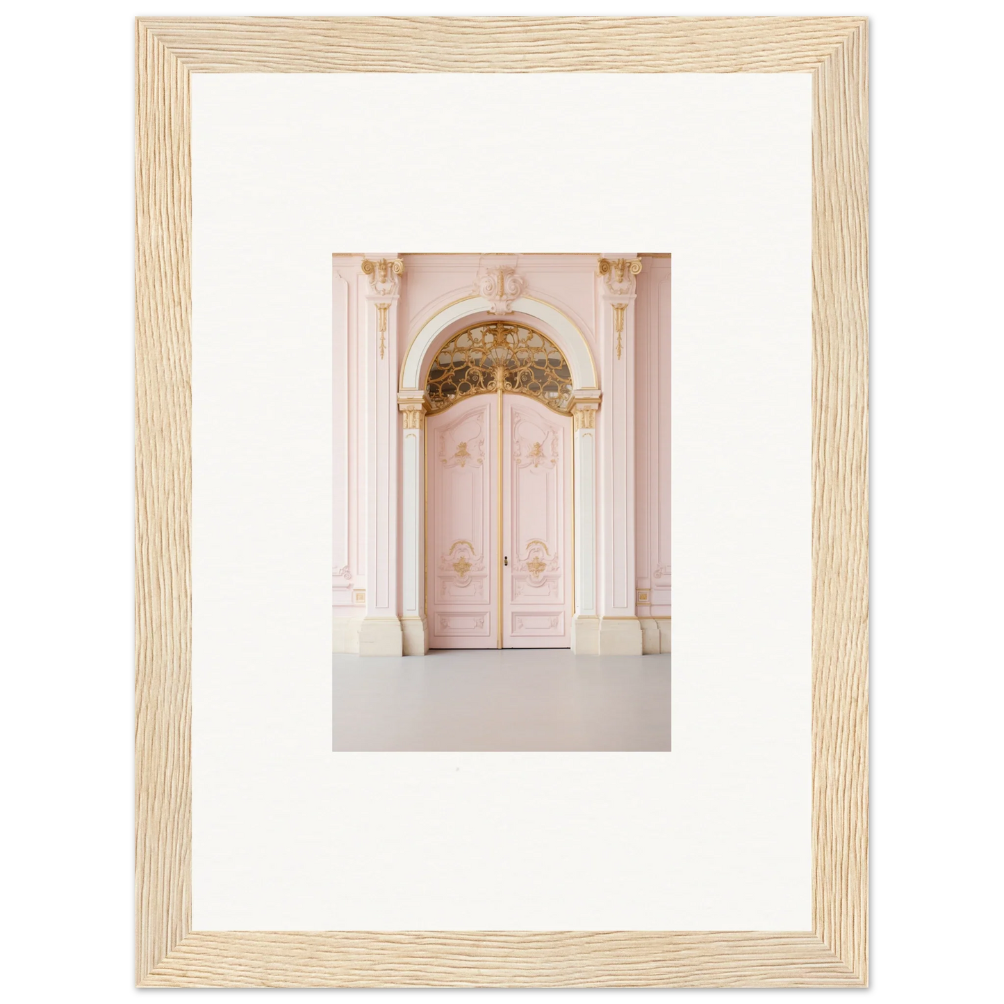 Ornate pink double door with gold details in Regal Must framed wall art design