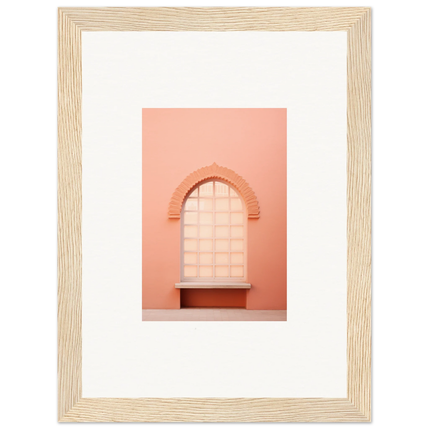 Arched window with gridded panes on a peachy-pink wall for Windows Morning Whisper art