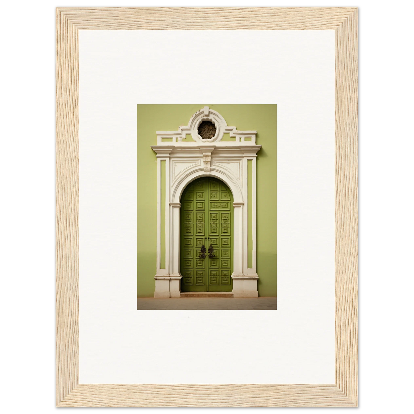 Ornate green wooden door with white stone archway from Verdant Sentry Whispers