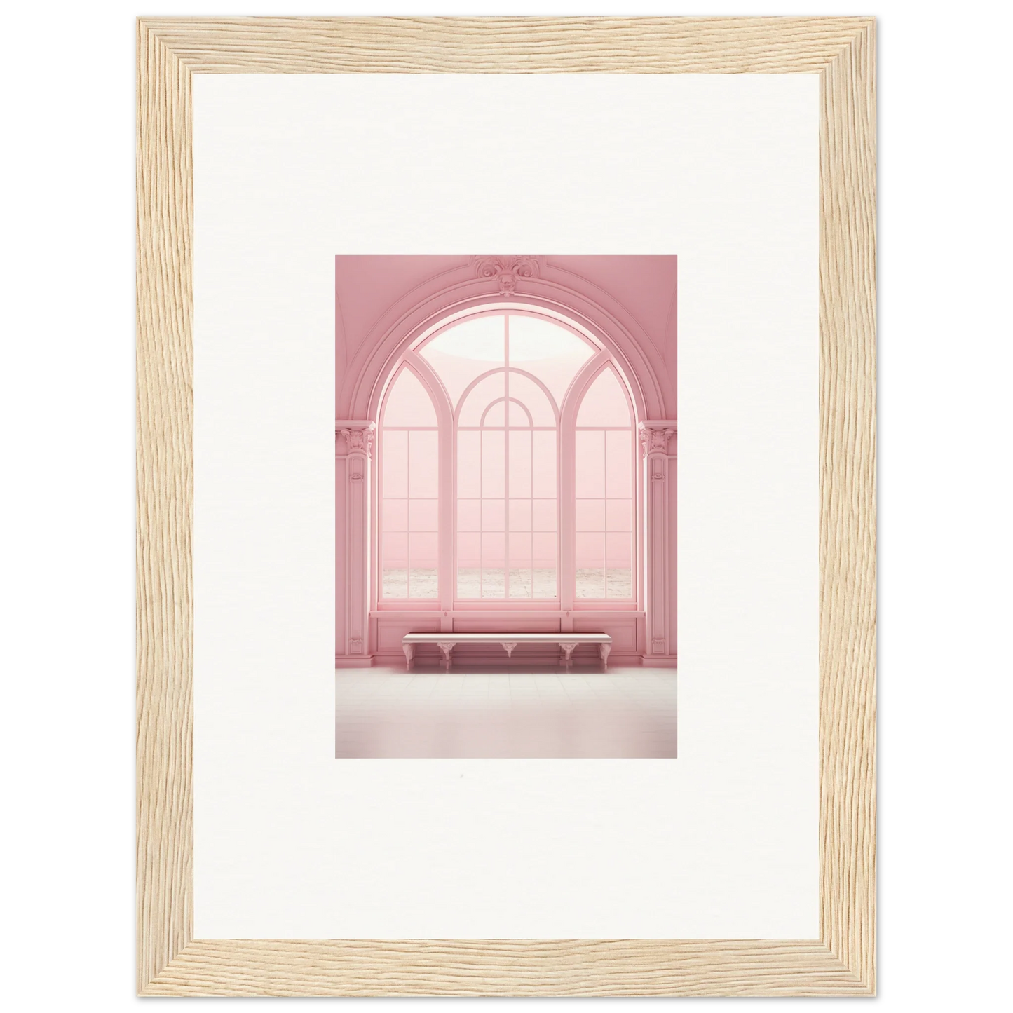 Arched pink window art with bench, perfect for Solitude’s Rosy Asana special edition