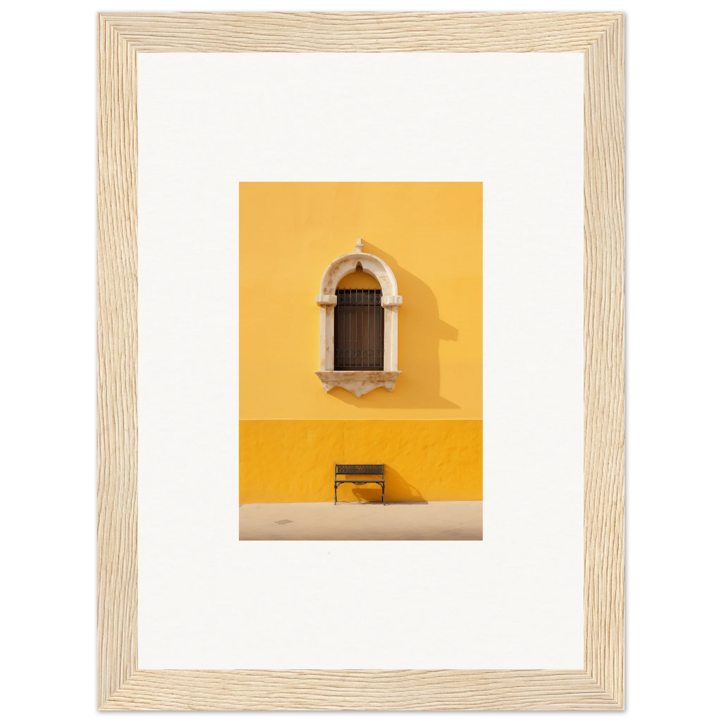 Wooden-framed photograph of a yellow wall and arched window for premium framed wall art