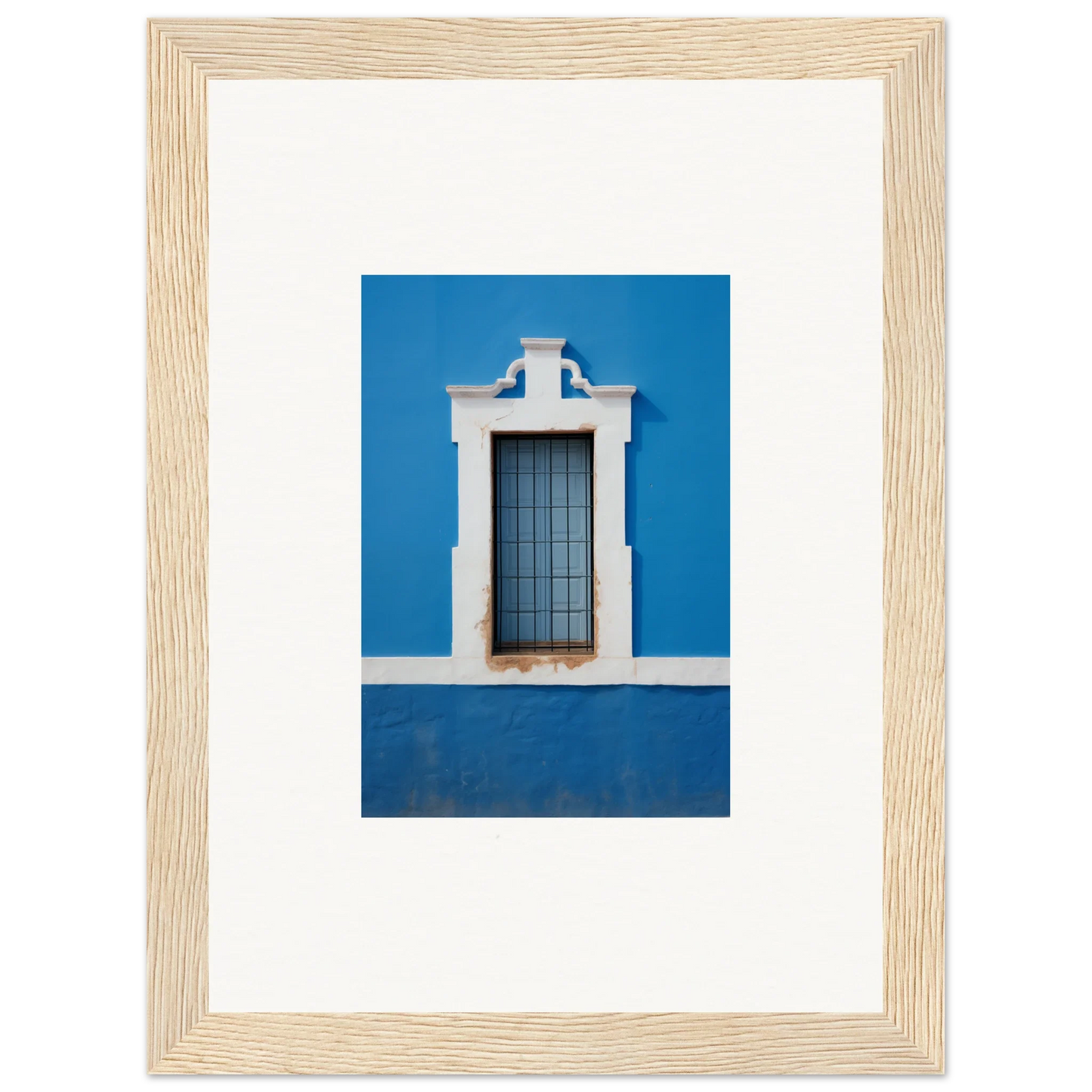 Framed wall art of a white-trimmed window on a blue wall in Liquid Azure Quest