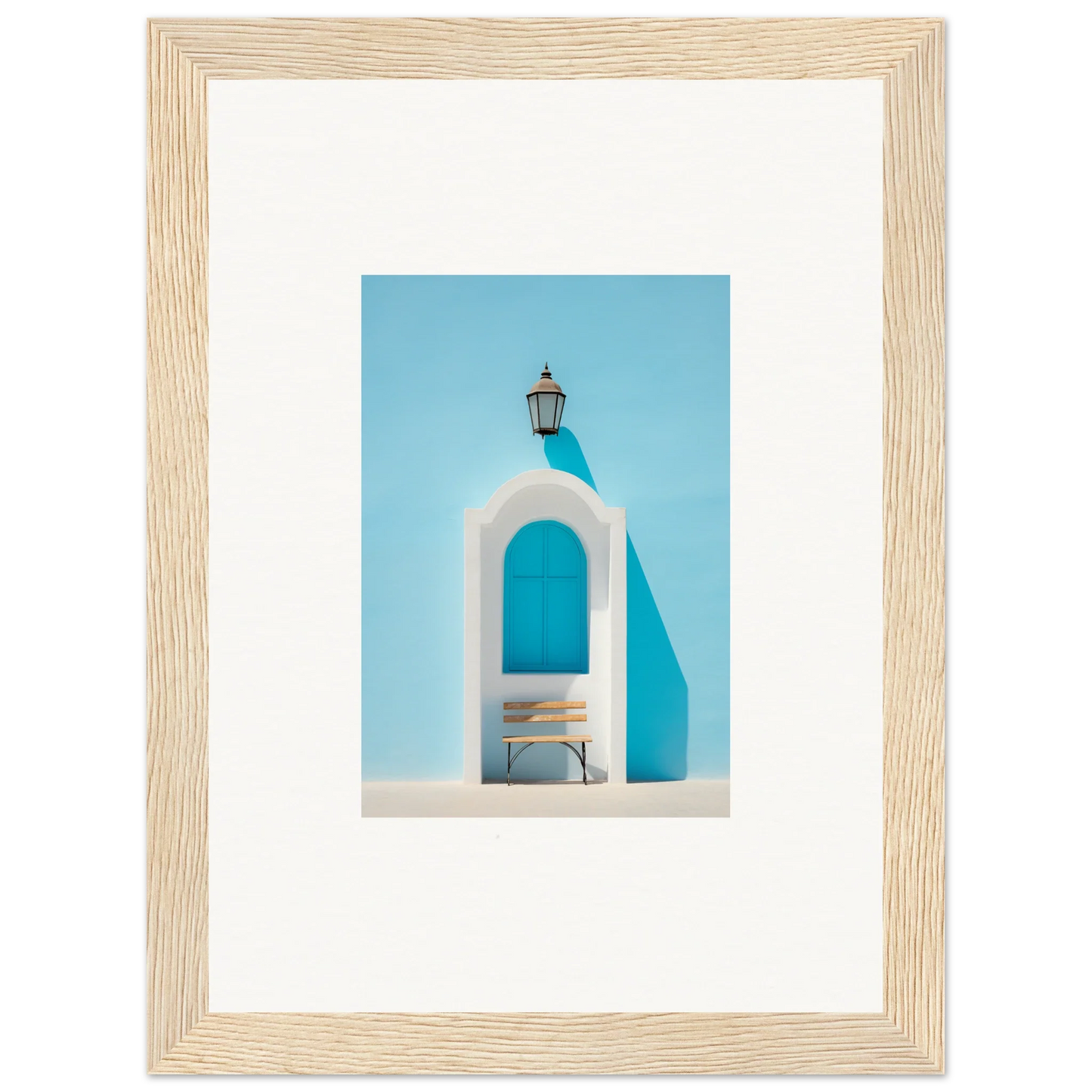 White arched doorway with a lantern in Ethereal Mediterranean Pause framed wall art