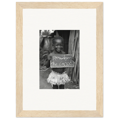 Black and white framed wall art of a child with a sign for Chromatic Joy Ancients