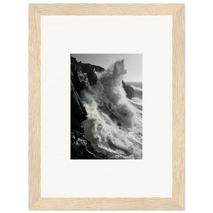 Powerful ocean wave crashing against cliffs in black and white for Tempest Winks Reverie