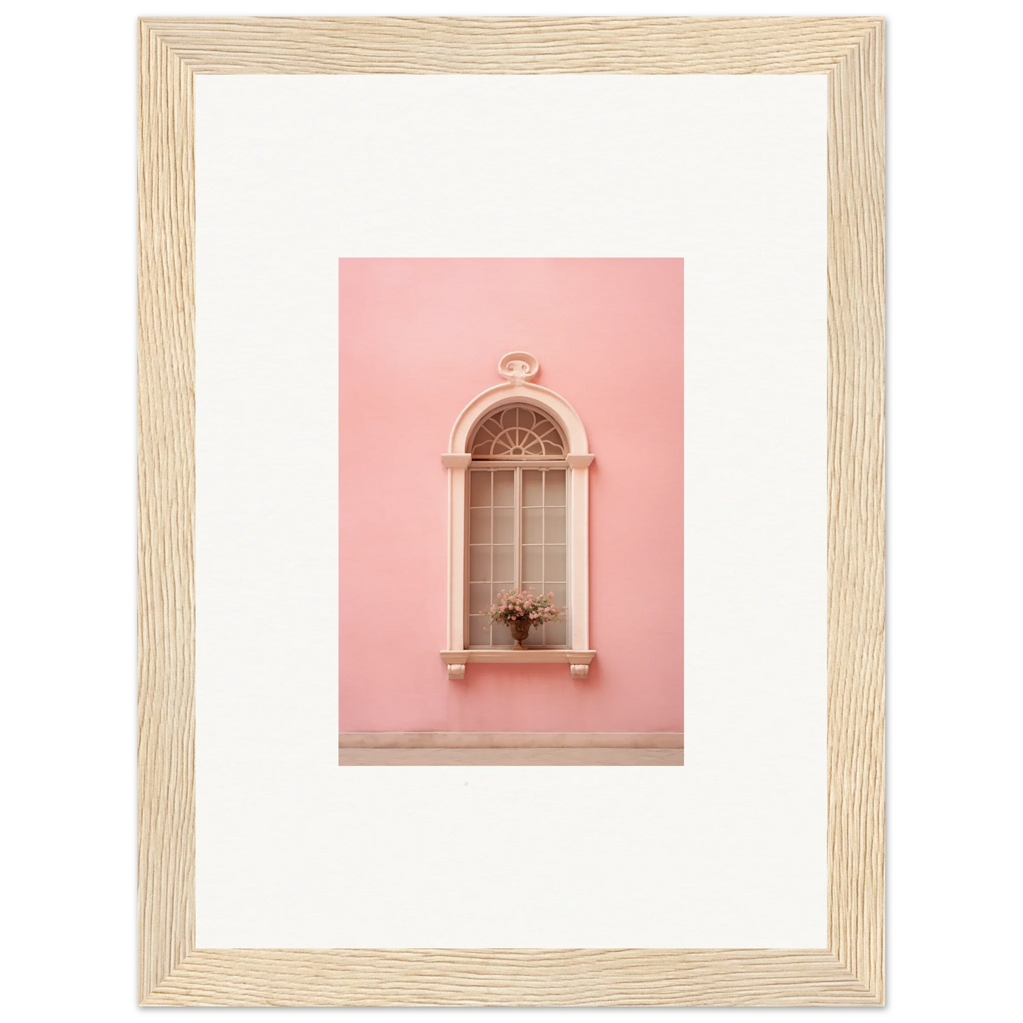 Ornate arched window on a pink wall in Pinky Flora Portal framed wall art design