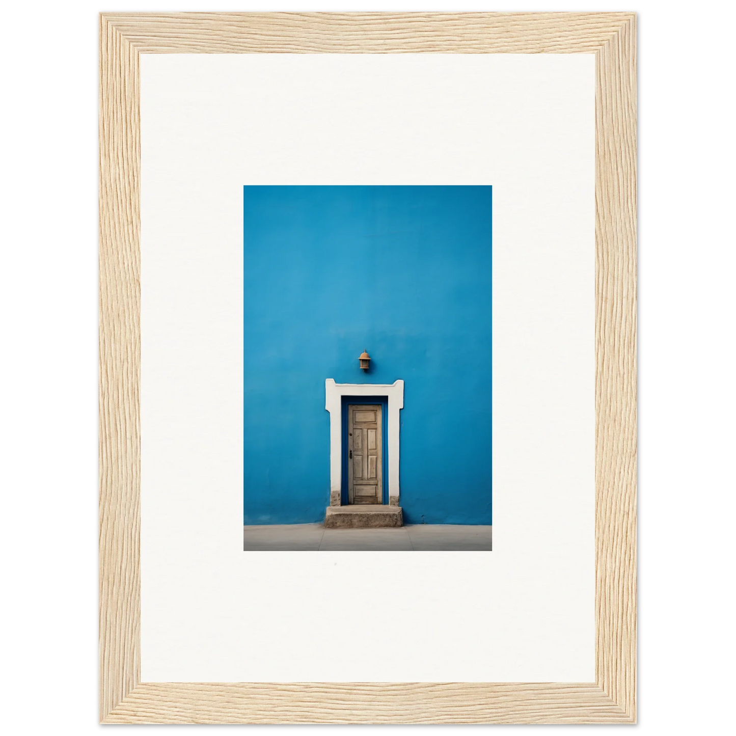 Wooden door with white trim on a bright blue wall in Eternal Cerulean Cloister art