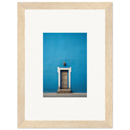 Wooden door with white trim on a bright blue wall in Eternal Cerulean Cloister art