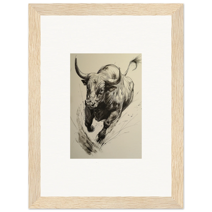 Charging bull in black and white brushstrokes for Ebullient Storm Release framed wall art