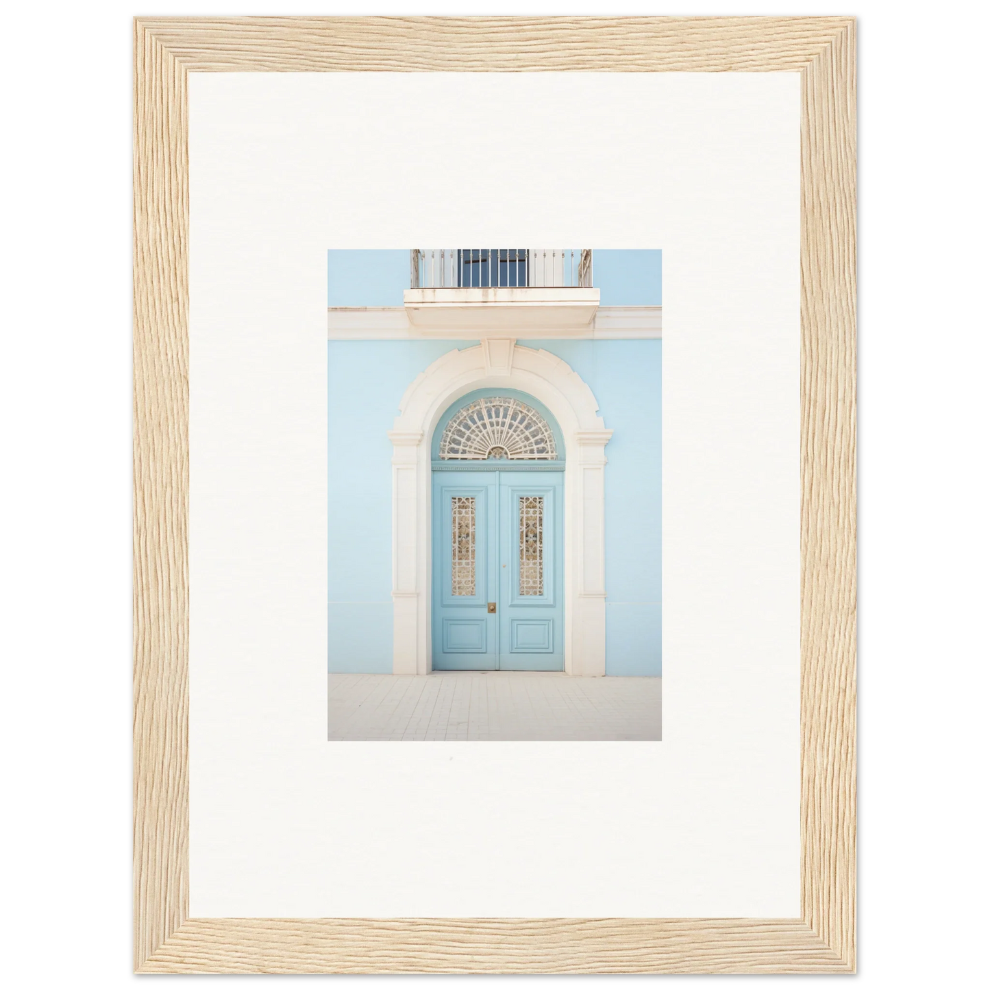 Light blue arched door with decorative panels in Delphinium Dream Portal art piece