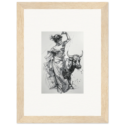 Black and white sketch of a figure in robes riding a bull from Tauripe Mystique Visions