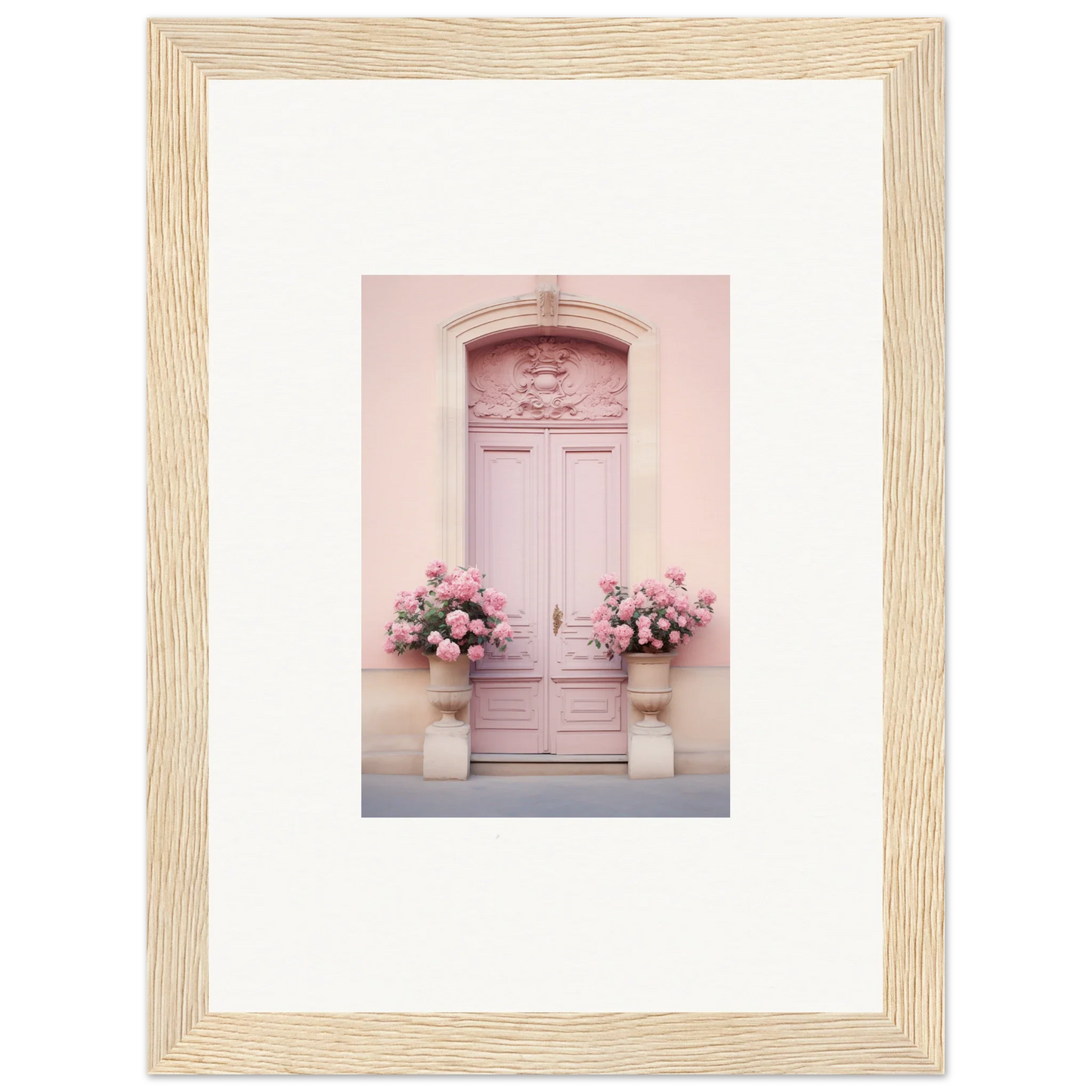 Bright pink door with floral decor showcasing Rosy Cosmos Gateway framed wall art